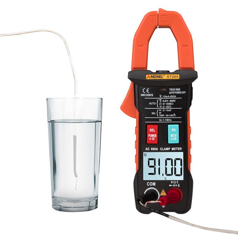 Junejour digitale stroomtang analoge multimeter stroomtang dc/ac intelligente automatische bereikmeter met temperatuurtester: Oranje