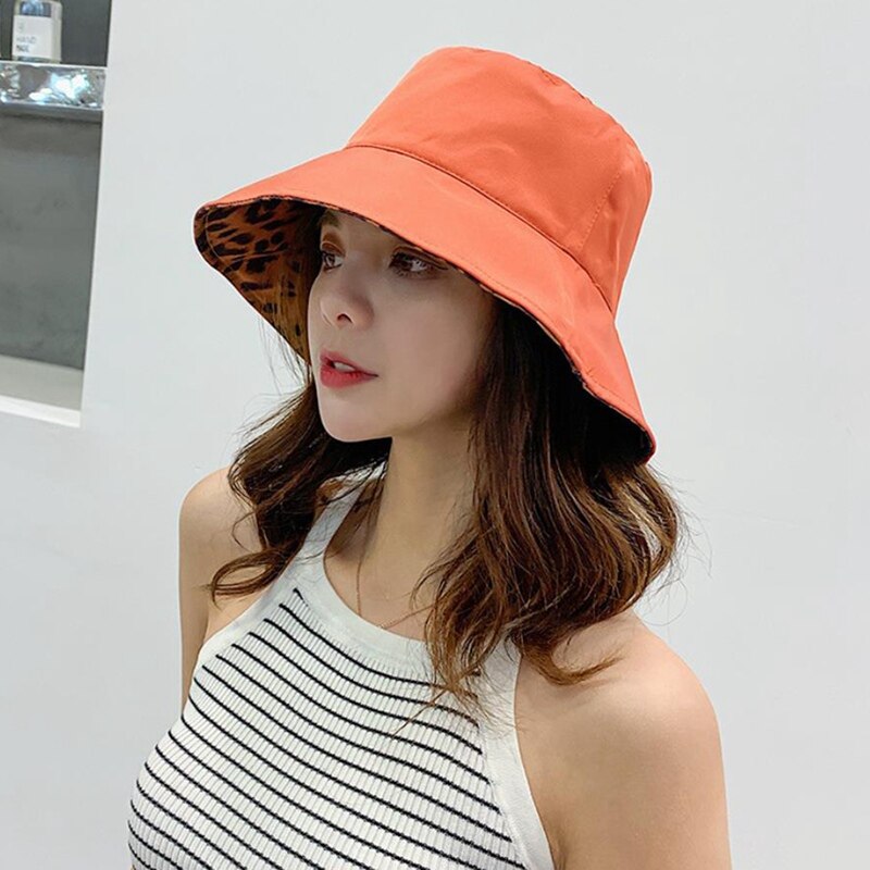 Korea kvinnors leopardmönstrade 2 ytliga bucket hattar män strand platt topp fiskehatt anti uv panama hatt панама мужская