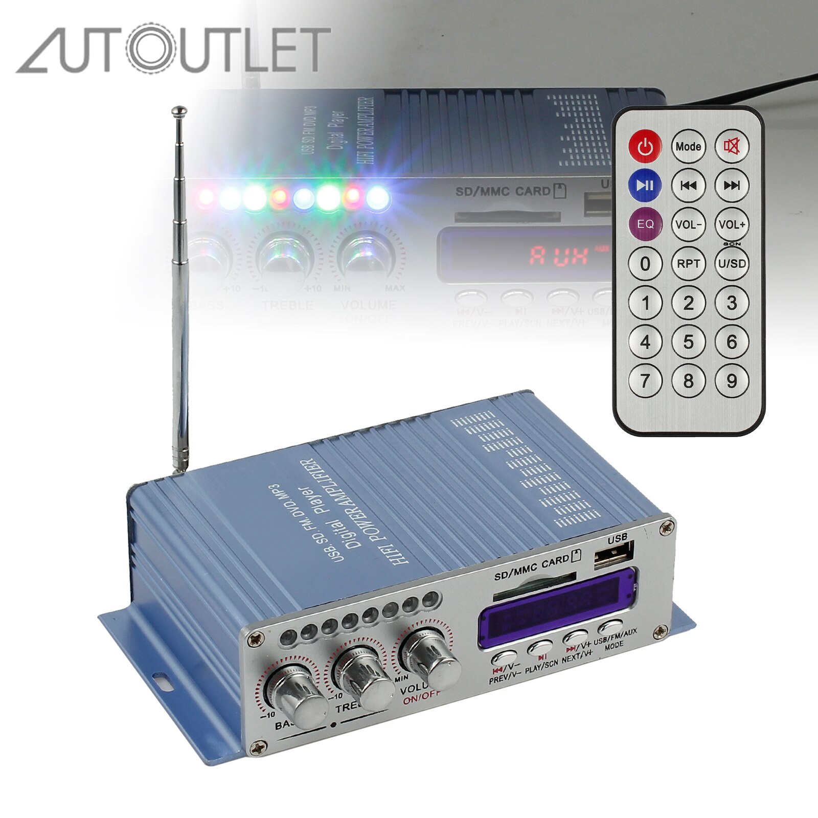 Mini amplificateur Audio stéréo HiFi pour voiture, 12V, deux canaux, Support USB SD FM, puissance Audio de musique, ampli intégré avec contrôle du Volume des basses