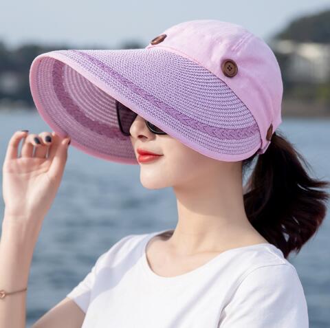 Solhatte kvinder stor bred skygge floppy sommer strand solhat kasket knap stråhat sommerhatte til kvinder anti-uv visir: Farve 3