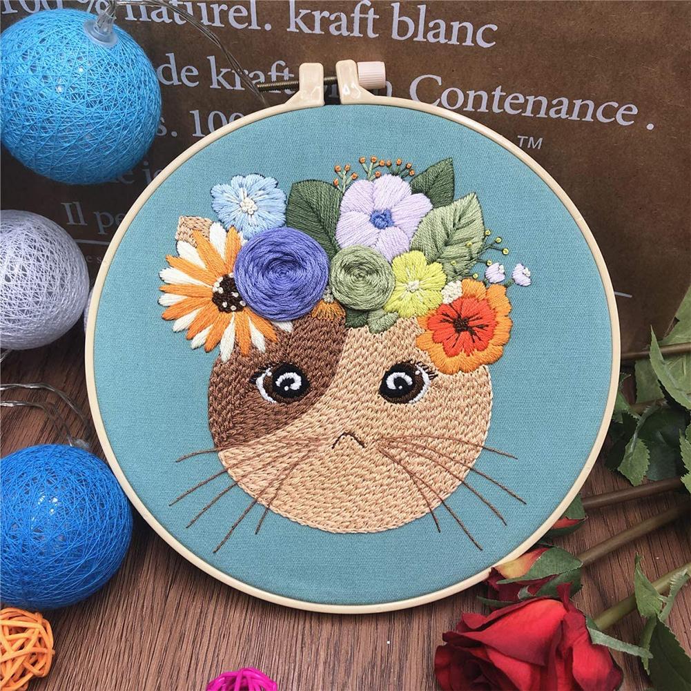 Hand Beginner Embroidery Kit Easy Cross Stitch Kits With Pattern Animals Cat DIY Embroidery Include Hoop Thread and Needle Tool