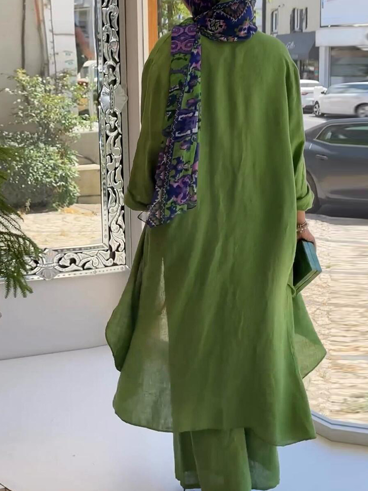 2- delade långärmade maxi-skjortor + vida byxor eid muslimska kvinnor set abaya dubai turkiet islamiska casual toppar enfärgad outfit