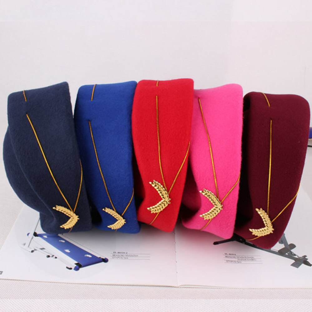 Air Stewardess Hat Woolen Flight Attendant Hat Stewardess Cap for Costume Cosplay Musical Performance - Size M(Red)