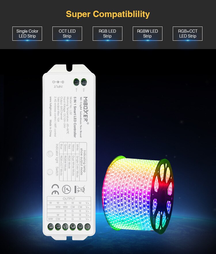 Miboxer LS2 LED Controller 5 in 1 Wireless Control DC12V-24V 15A for Single Color, CCT, RGB,RGBW,RGB+CCT LED Strip