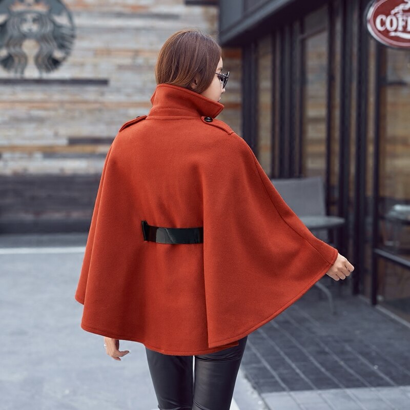 Fall Winter Woolen Shawl Cape Poncho Coat With belt Women Korean Long Sleeve Plus Size Ladies Woolen Cape Coats