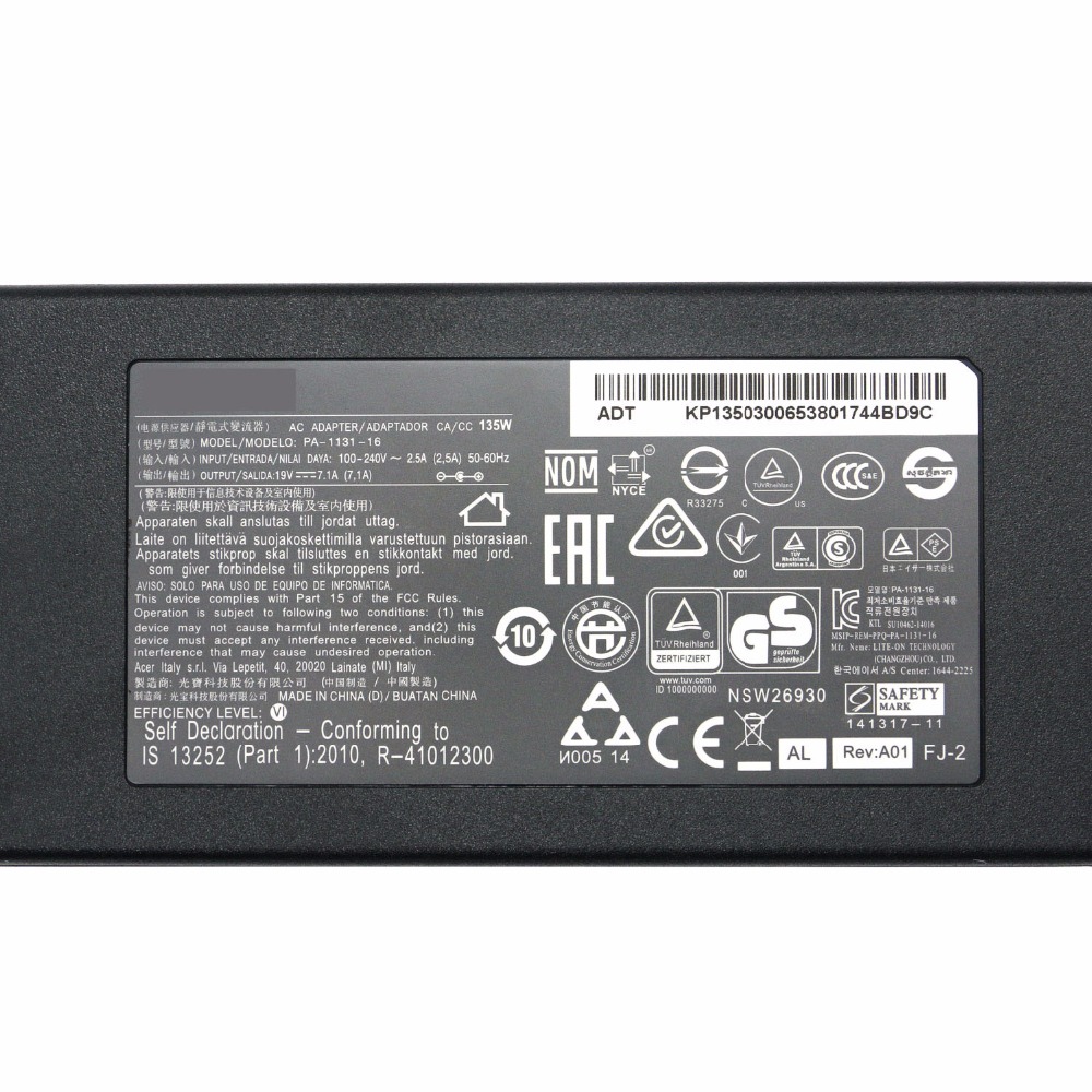 19v 7.1a 135w kannettavan tietokoneen laturi acer aspire  v17 nitro  vn7-792g-59cl adp -135kb t kp .13503.007 pa-1131-05 virtalähteelle