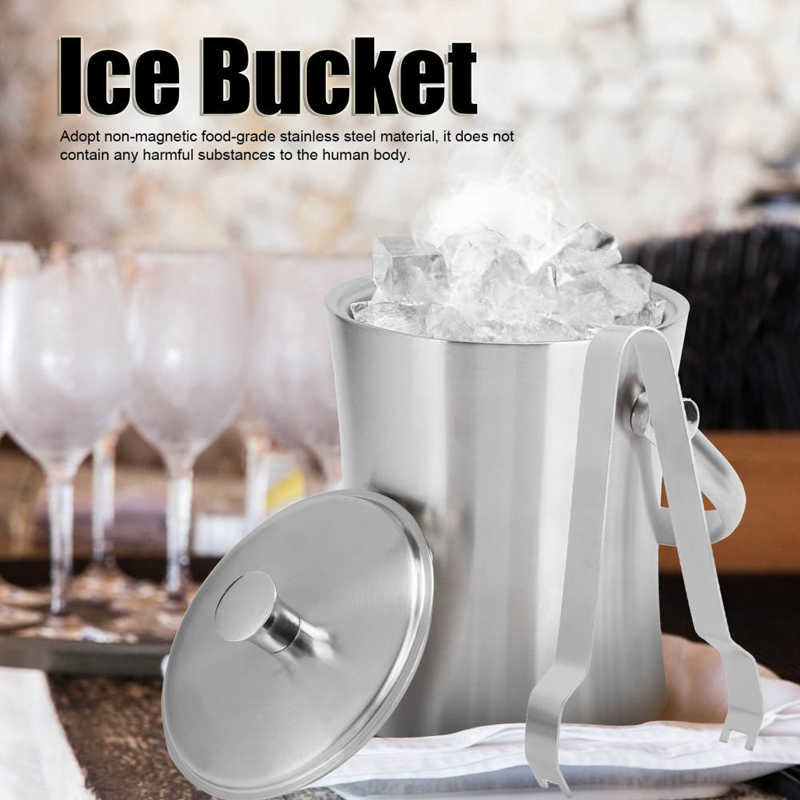 1L Ice Bucket with Lid Clamp Double-Wall Stainless Steel Wine Champagne Barrel for Party Bar Bartending Kit