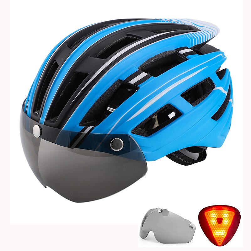 Casco de bicicleta, casco de bicicleta con luz trasera y gafas magnéticas desmontables y mochila portátil Casco de ciclismo ligero ajustable para adultos Hombres Mujeres Montaña y carretera: Blue