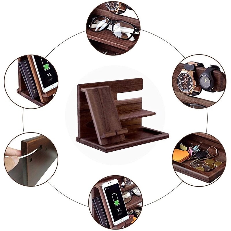 Wooden Phone Holder Docking Station Wallet Stand Watches Purse Glasses Key Desk Display Organizer Bedside Nightstand