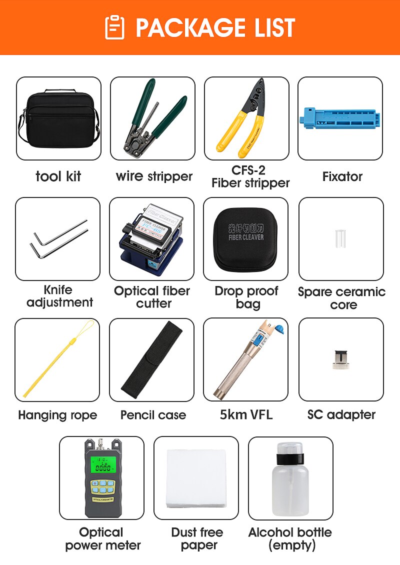 15pcs/set FTTH Fiber Optic Tool Kit with Fiber Cleaver -70~+10dBm Optical Power Meter Visual Fault Locator 1mw 5km