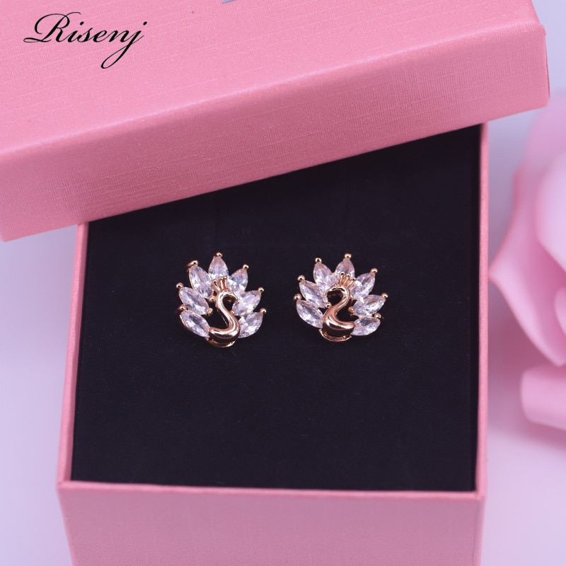 Presente romântico para as mulheres pavão topo branco zircão & cristal 18k ouro traje conjunto de jóias brincos colar conjunto com pingente: earrings