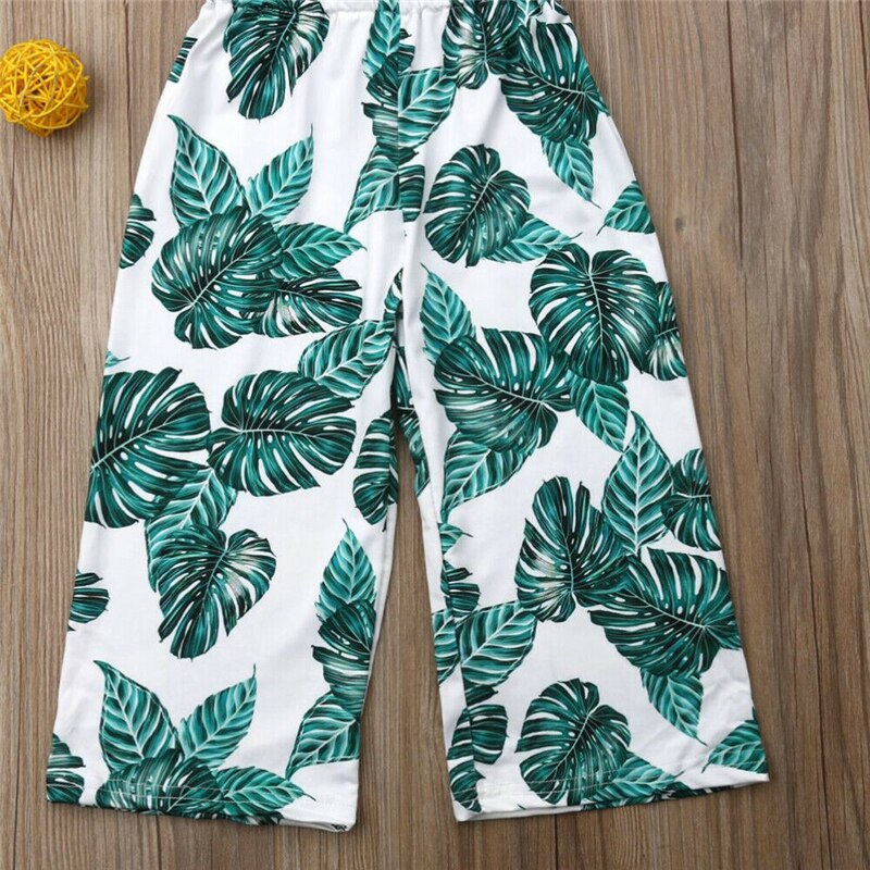 Nuovo Bambino Del Bambino Del Capretto Del Bambino di Estate Delle Ragazze Verde Foglia di Stampa Tute e Salopette Body e Pagliaccetti Freddo Spalla Ruffle Gamba Larga Generale Ropa Del Bambino Della Ragazza vestiti