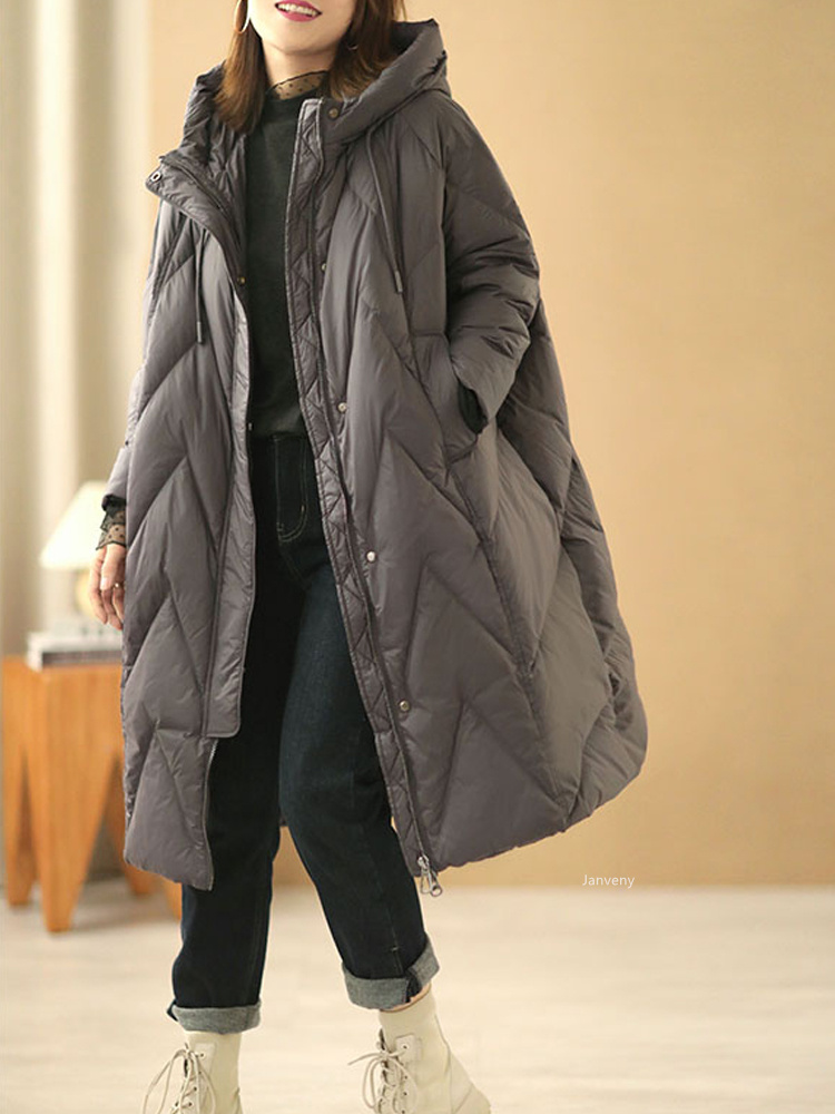 Janveny Women Loose Long Coat 90% White Duck Down Jacket Women Winter Female Overcoat Winter Hooded Puffer Feather Parkas