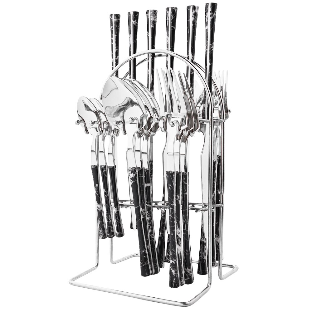 24Pcs Imitatie Hout Serviesje Rvs Servies Bestek Messen Thee Lepel Vorken Met Opslag Bestek Rek Geschenkdoos: Black Silver Rack