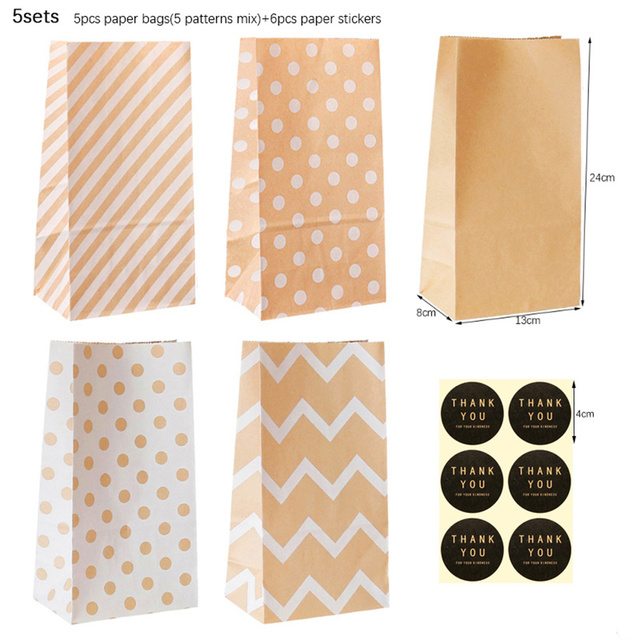 5 Sets Polka Dot Stripe Blank Kraft Paper Bags Candy Bag Wedding Birthday Party DIY Packaging Bags With Thank You Sticker: C