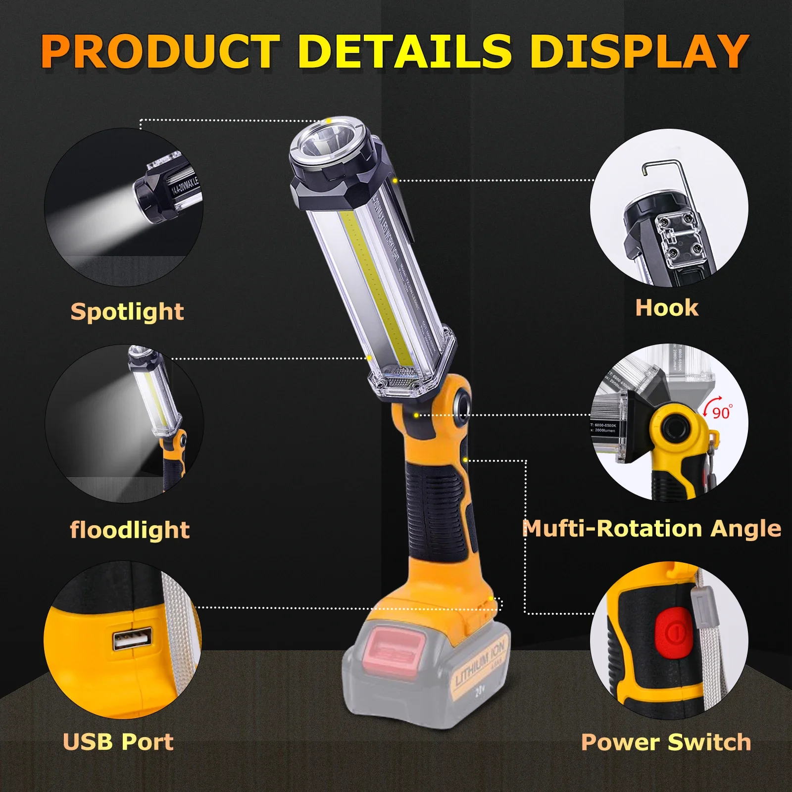 2000LM 14,4 V-18 V para luz de trabajo LED Dewalt batería de iones de litio linterna USB nueva linterna LED portátil