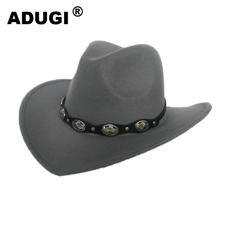 ADUGI punk styl kapelusz kowbojski jesienno-zimowy wełniany filcowy kapelusz mężczyźni i kobiety jazzowy kapelusz brytyjski pas metalowy retro kapelusz: Szary