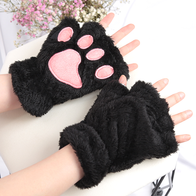 Gants à griffes de chat de dessin animé pour femmes, peluche épaisse, joli Style patte d'ours, doigts exposés, mitaines demi-hiver, gants chauds pour filles