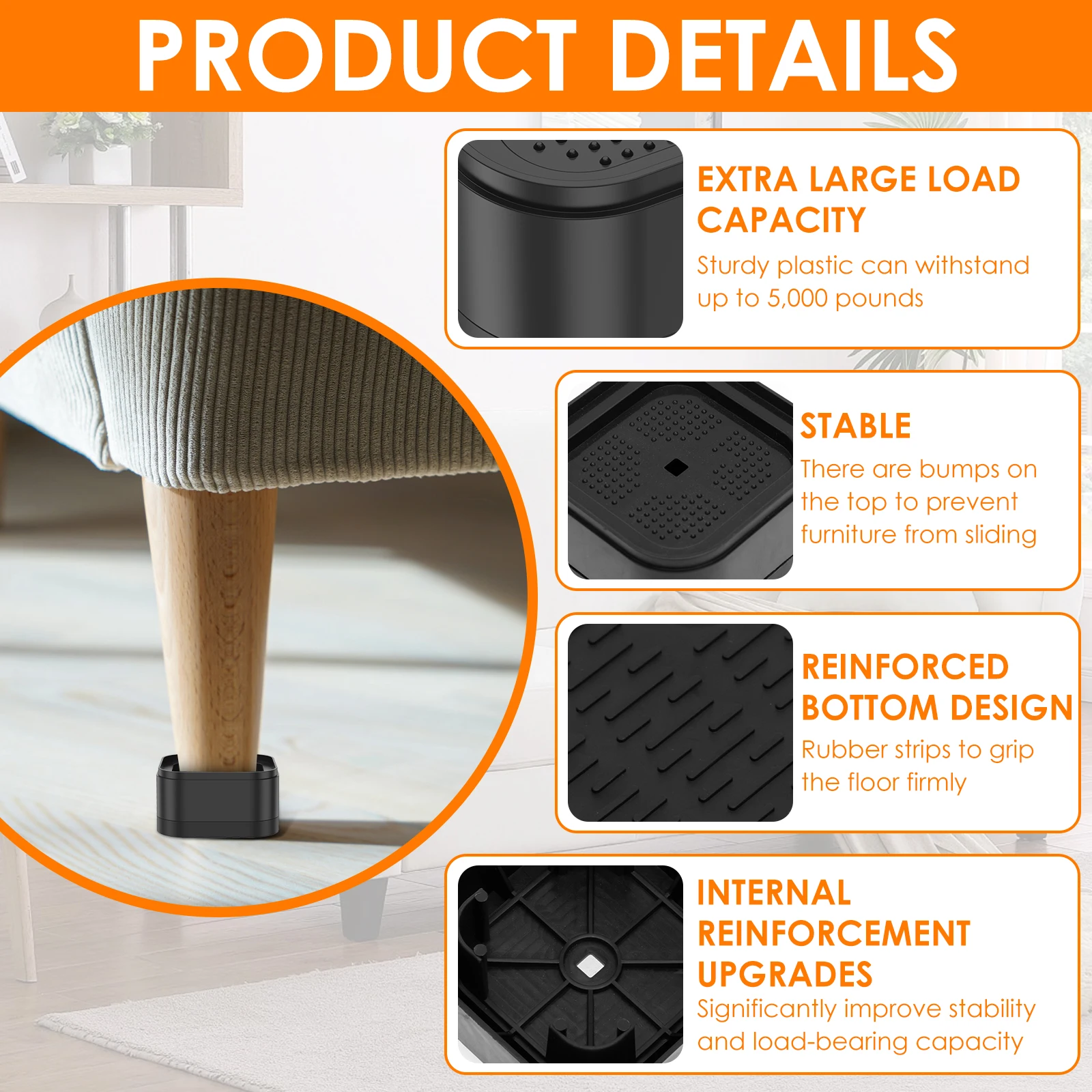 8/16 Pcs Furniture Risers Heavy Duty Bed Chair Table Heightening Foot Pad Non-slip Floor Protecto Furniture Feet Leg Lift
