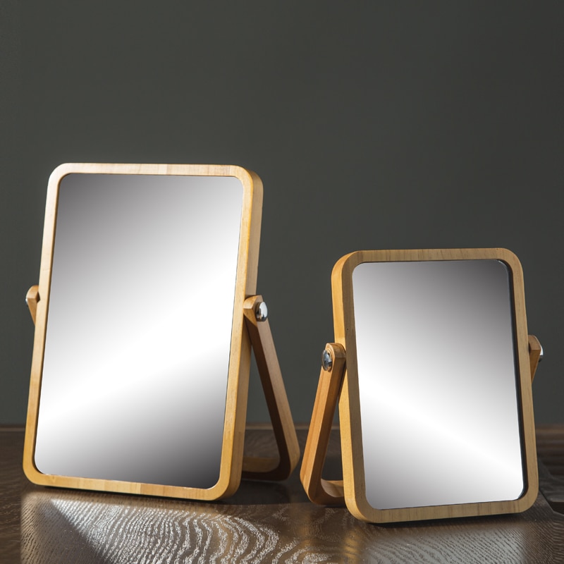Espejo de maquillaje europeo, accesorios de madera para baño, espejo decorativo de escritorio estándar, espejo de tocador cosmético de alto brillo de pie