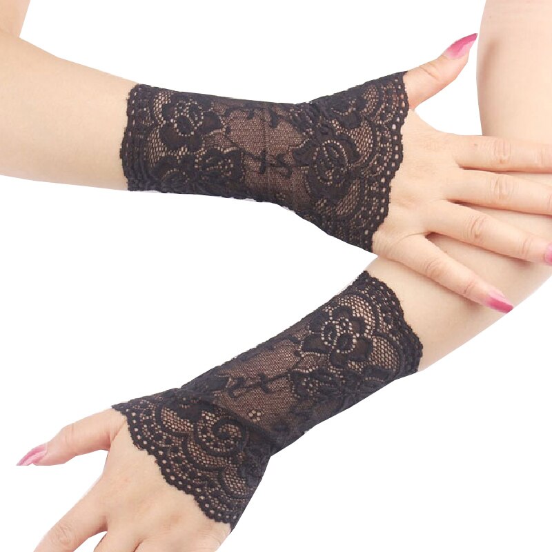 18Cm Frauen Spitze Handschuhe Schwarz Weiß nackt Figerless Kurze Fahr Handschuhe Damen Halb Finger Fischnetz Sonnencreme Party Arm Hülse: Schwarz