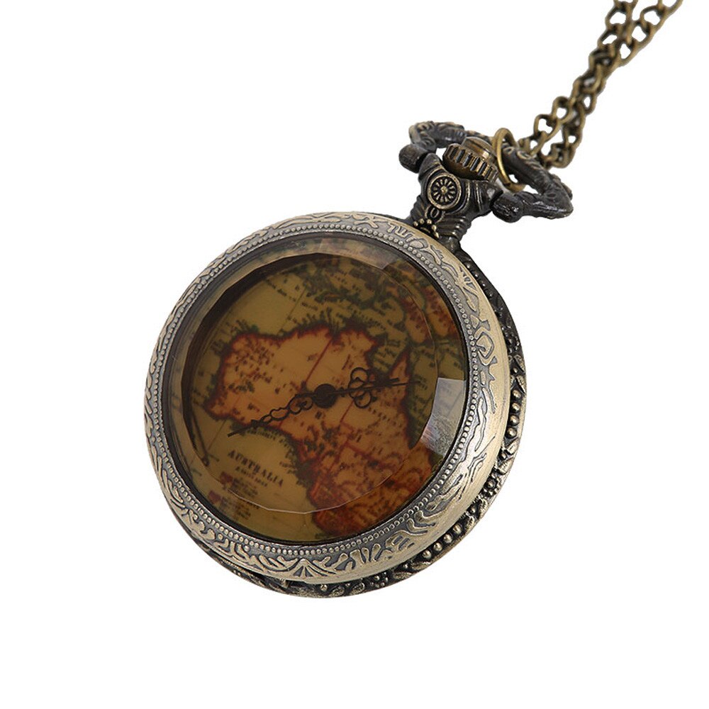Pocket Watch Retro World Map Commemorative Pattern Stainless Steel Dark Green Necklace Classic карманные часы 04*