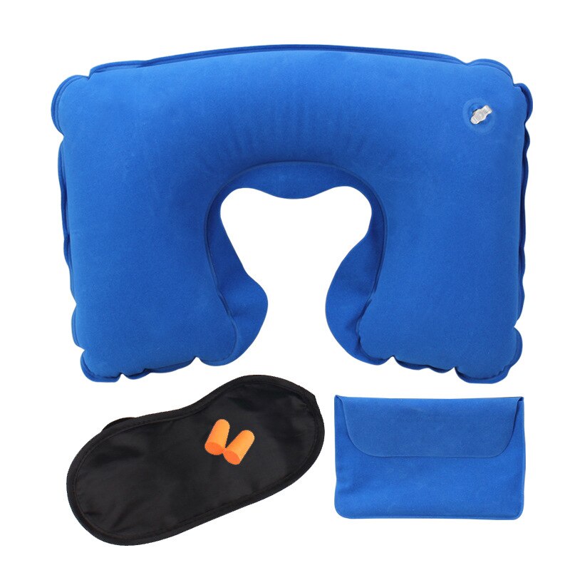 1 Set PVC Flocking Pillow Portable Travel Accessories Inflatable Neck Pillow U Shape Blow Up Neck Cushion Eye mask earplug: blue
