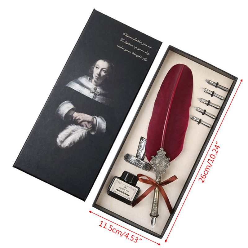 Retro Classical Feather Quill Dip English Calligraphy Fountain Pen with Writing Ink 5 Nibs Kit Set Stationery Box B36C