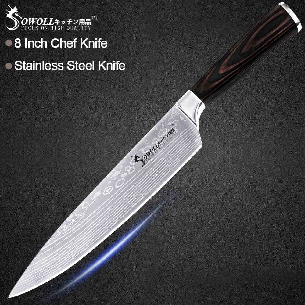 Sowoll Stainless Steel Cooking Knife Damascus Pattern Blade Chef Slicing Santoku Utility Paring Knife Camping Cooking Tools: G.8 chef knife