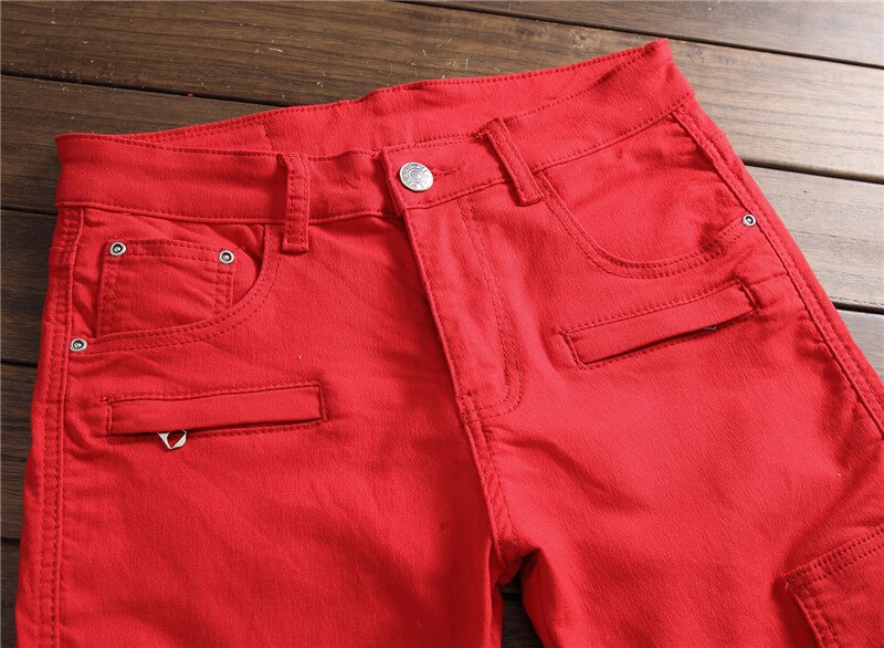 Europæisk amerikansk stil luksus herre røde jeans lommer slanke afslappede lommer denim jeans bukser til mænd