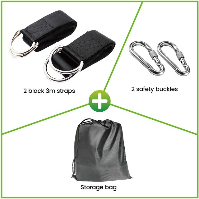 One Pair Tree Swing Hanging Kit Hammock Straps Camping 1000 KG Load Capacity Rope Carabiner OutDoor Hiking Hammock Hanging Belt: green