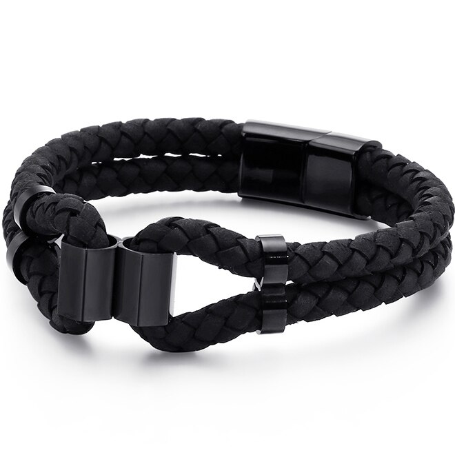 Brazaletes de cuero trenzado de doble capa para hombre brazalete Heren con cierre magnético pulsera para hombre Oro Negro S. Gota de acero: Black