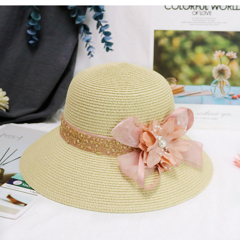 Women Summer Women's Sun Hat Bucket Cap Beige Lace Bowknot Flowers Ribbon Flat Top Straw Hat Beach Caps Panama: army green