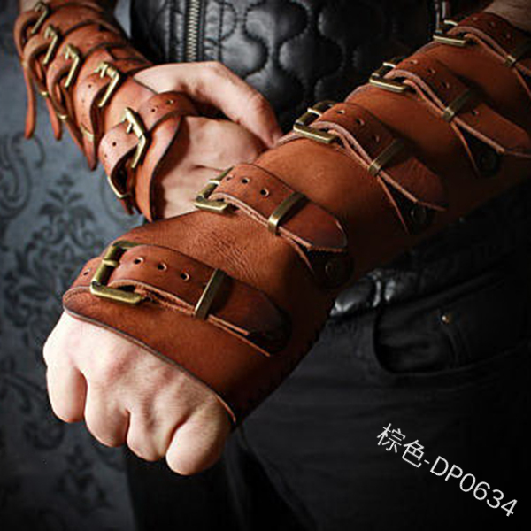 Steampunk Viking Leather Bracers Medieval Retro Strap Buckle Adjustable Leather Gloves Vambraces Cosplay Bracelet Party Costume: Auburn