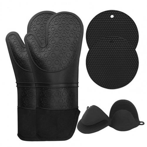 5Pcs/Set Oven Mitts Flexible Heat Insulation Silicone Extra Long Mittens Gloves Pot Holders Placemat for Kitchen: black