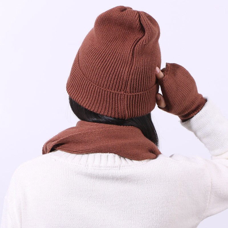 Kvinner vinter kanin hairr hansker skjerf lue tredelt sett kvinnelig strikk utendørs varm hatt caps skullies beanies sett
