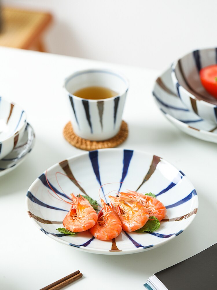 1 Pc Japanse Schotel Plaat Keramische Onderglazuur Retro Creatieve Lijnen Eenvoudige Exquise Huishouden Gemaakt In Japan