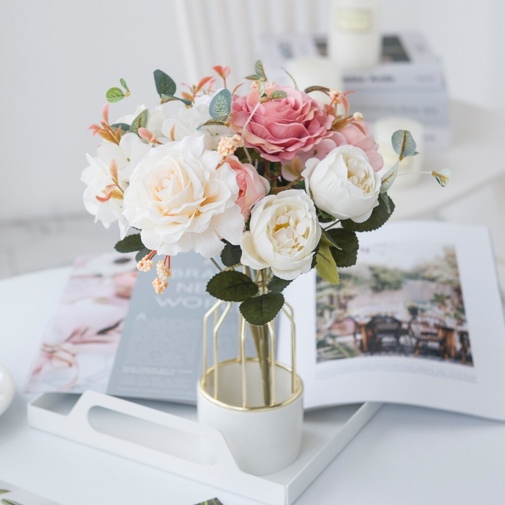 5 buntar rosa pionbukett konstgjorda blommor heminredningstillbehör bordsdukning bröllop dekorativ blomma