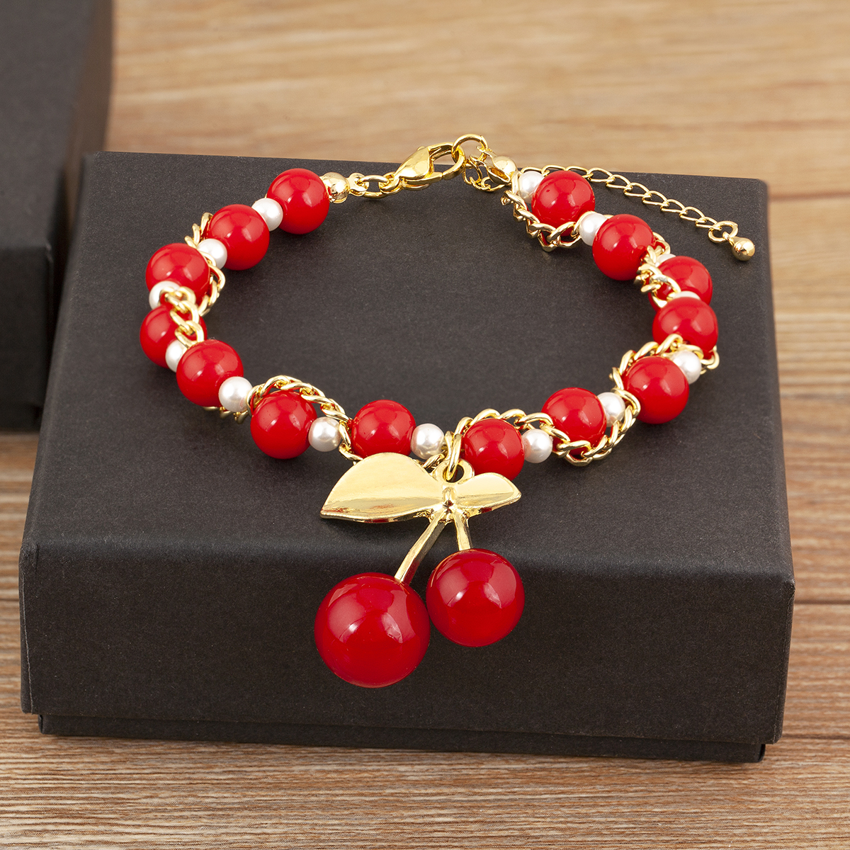 Nidin moda cereja forma coração contas vermelhas corrente pulseira para mulher 3 estilos escolha diariamente versátil jóias acessórios presentes: Marrom Avermelhado