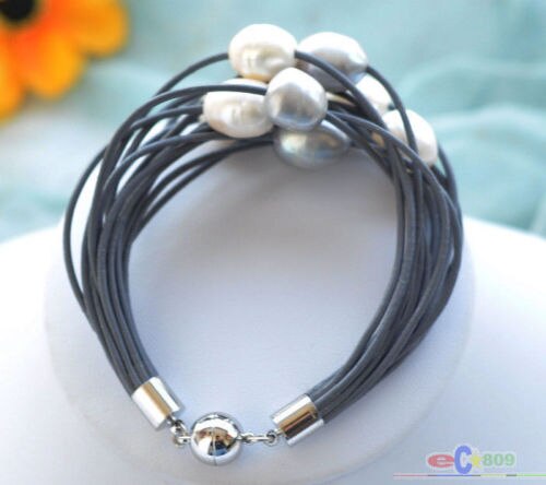La modo et de la modo 15row 8 "13mm perle de blanche de riz noir pulsera en cuir