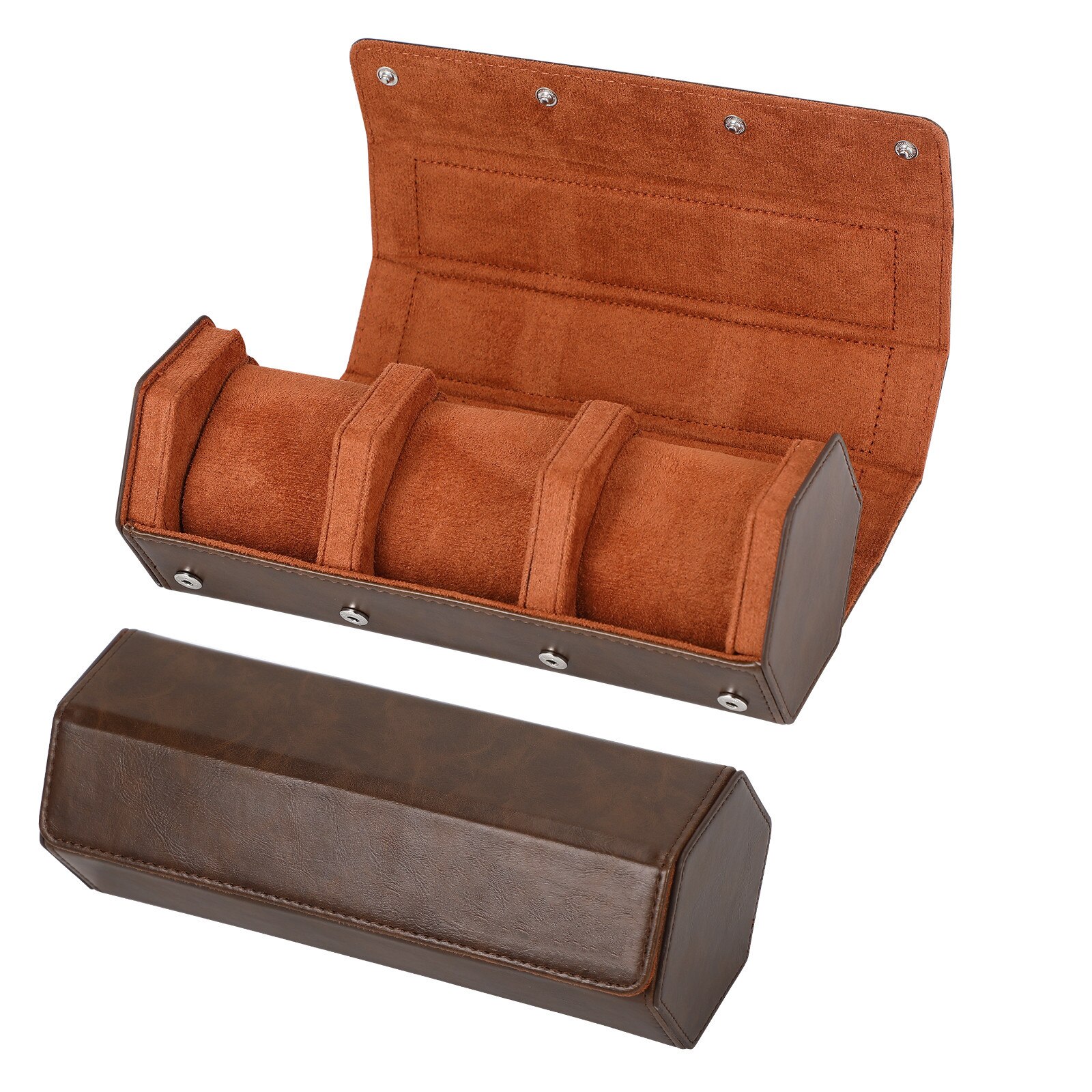 Caja de reloj para hombre, rollo de reloj con 3 ranuras, organizador de almacenamiento y exhibición, accesorio hecho a mano, caja redonda de joyería portátil,: NO LOGO BROWN