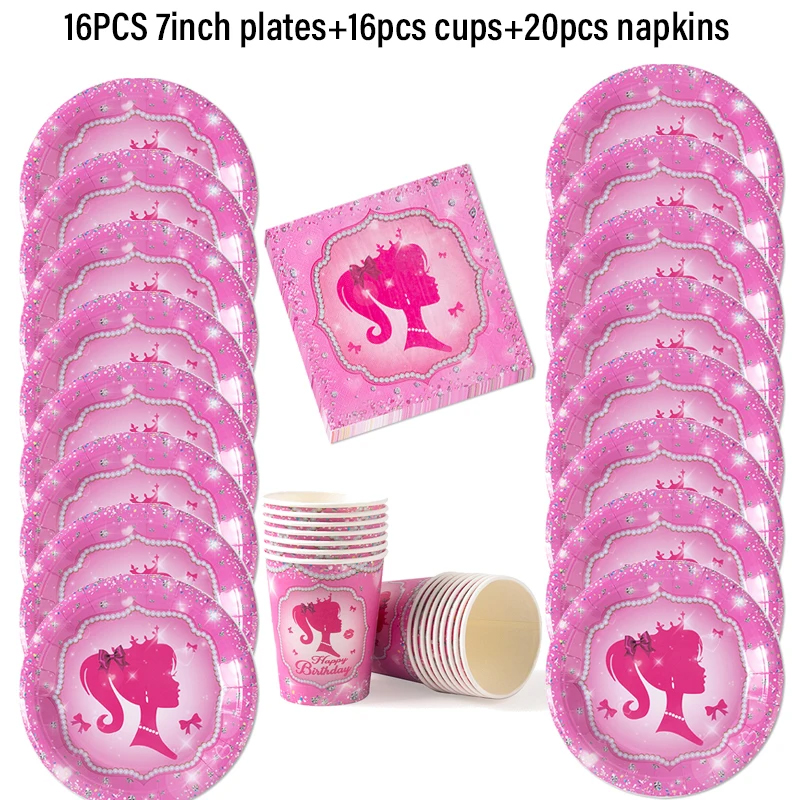 Vaisselle jetable pour fête à thème rose pour filles, assiette en papier, tasse, serviette, princesse, décor de fête d'anniversaire pour enfants, fournitures de réception pour bébé