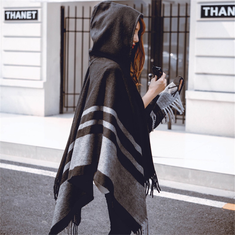 Oversized Shawls Warm Winter Hooded Wrap Cashmere Poncho Plaid Capes Outwear Cardigans Sweater Coat Tassel