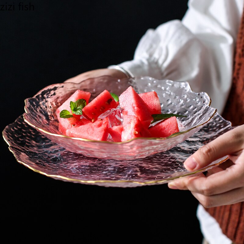 Gray Crystal Glass Fruit Plate Electroplating Golden Border Dessert Dessert Plate Pastry Salad Plate Kitchen Utensils