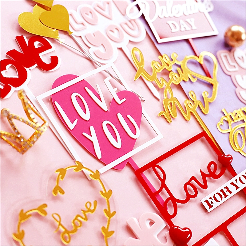 Krog blomst elsker dig kage topper til festpynt guld pink akryl jubilæums bageartikler valentinsdag kærlighed