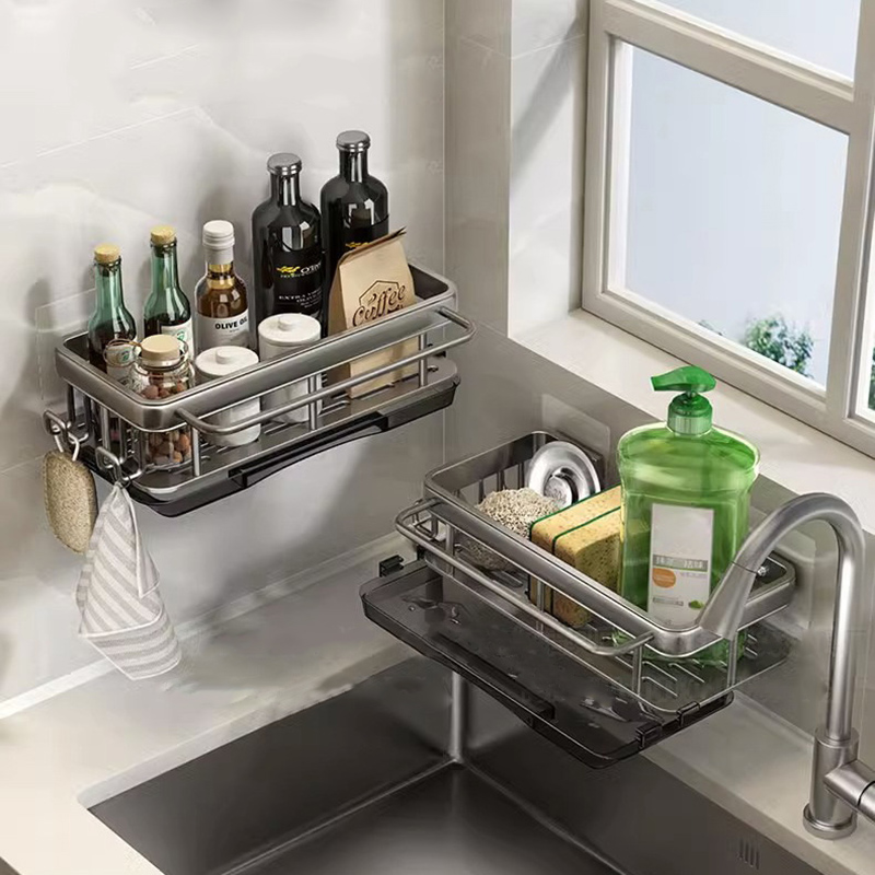 Estante de drenaje multifuncional montado en la pared, estante de cocina sin perforaciones, estante de especias, estante de almacenamiento para fregadero, suministros de cocina, 1 Uds.