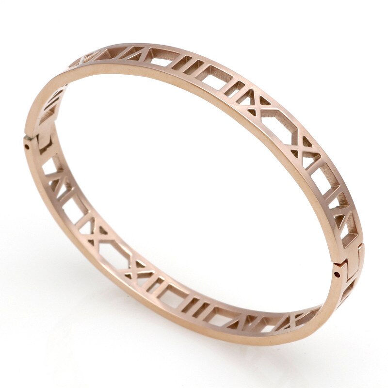 Classic 3 Colors Beautiful And Hollow Roman Numeral Bracelets &amp; Bangles Stainless Steel Bangle For Woman: 6MM rose gold