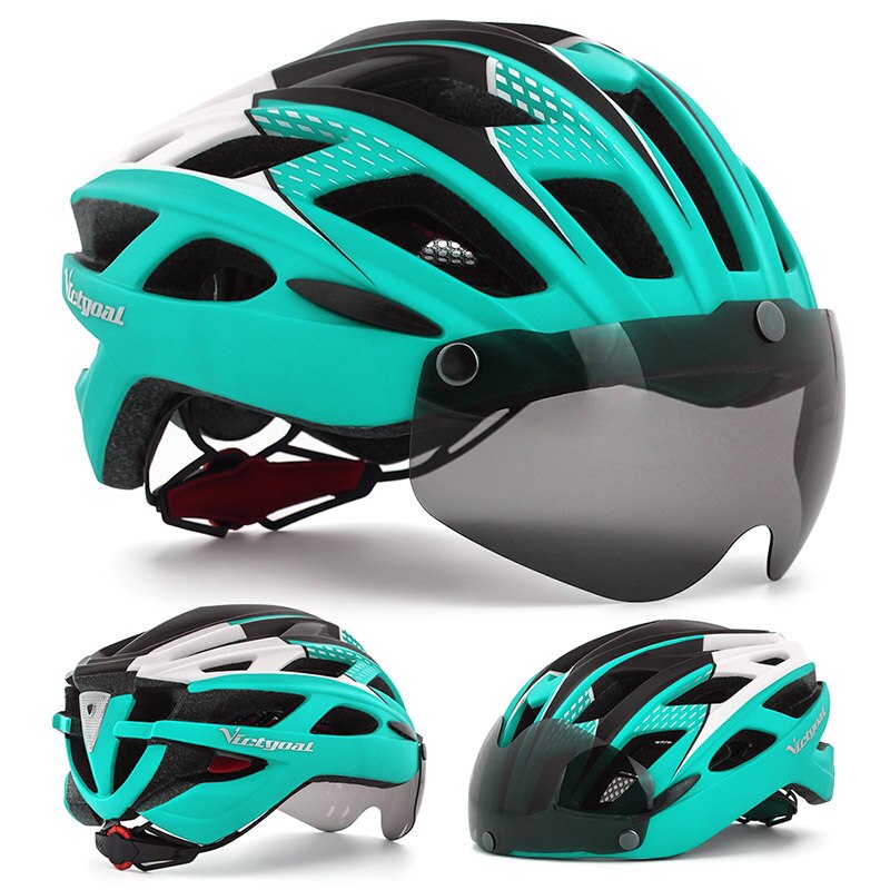Victgoal adultos capacete da bicicleta capacete com destacável magnético óculos de proteção &amp; segurança led luz traseira ciclismo capacetes das mulheres dos homens: Cyan Helmet