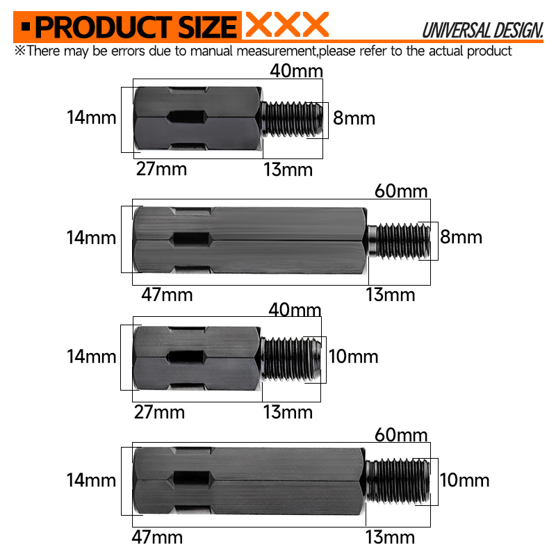 Longer Extension Black Motorcycle Rearview Mirror Adapters M8 8mm M10 10mm Anti clockwise Right Left Hand Thread Changing Screws