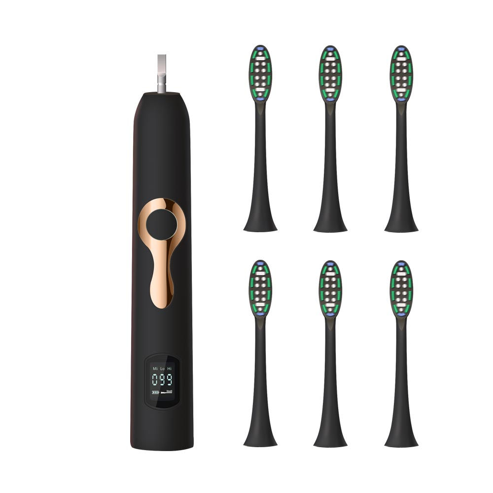 Here Mega Sonic Electric Toothbrush Smart Rechargeable Adult Toothbrush heads Replaceable Whitening waterproof LCD Screen 608: 608 black 6 head
